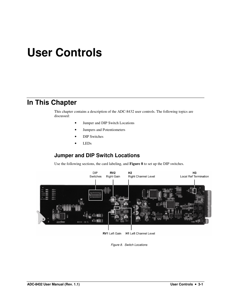 User controls, Jumper and dip switch locations | Sierra Video ADC-8432 User Manual | Page 19 / 33