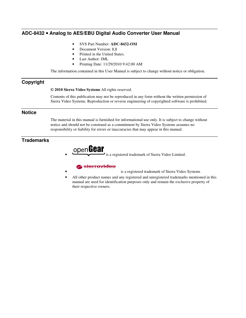 Sierra Video ADC-8432 User Manual | Page 2 / 33