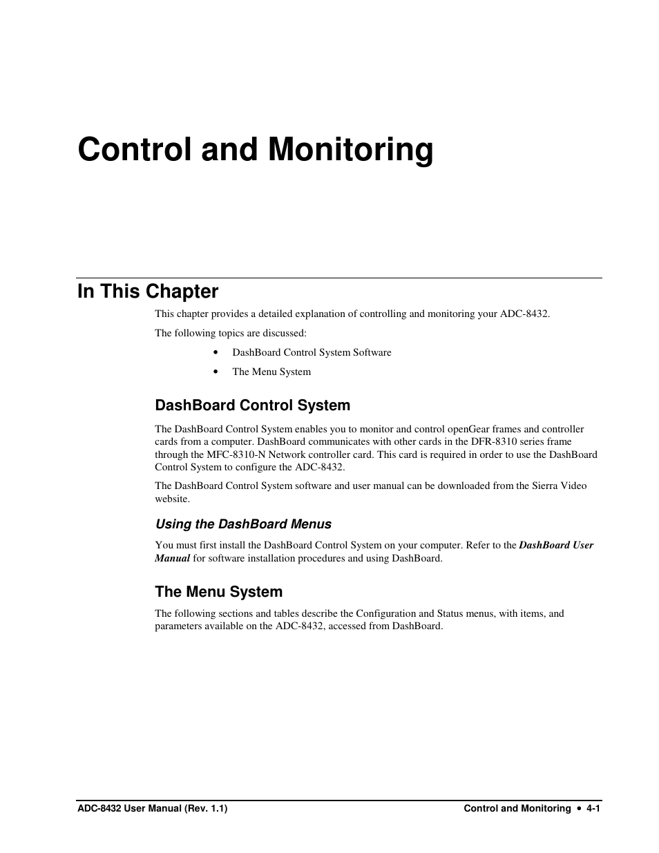 Control and monitoring | Sierra Video ADC-8432 User Manual | Page 25 / 33