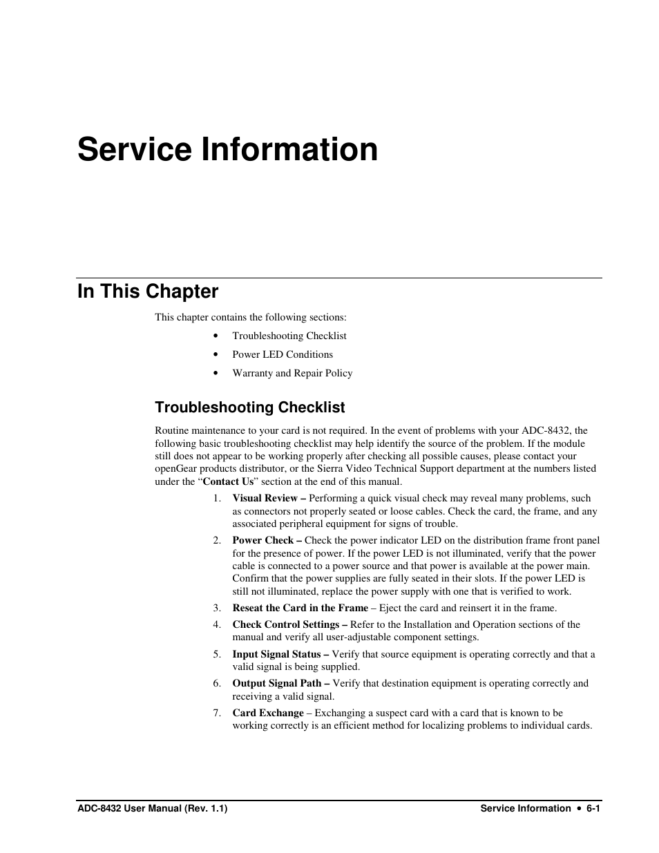 Service information, Troubleshooting checklist | Sierra Video ADC-8432 User Manual | Page 29 / 33