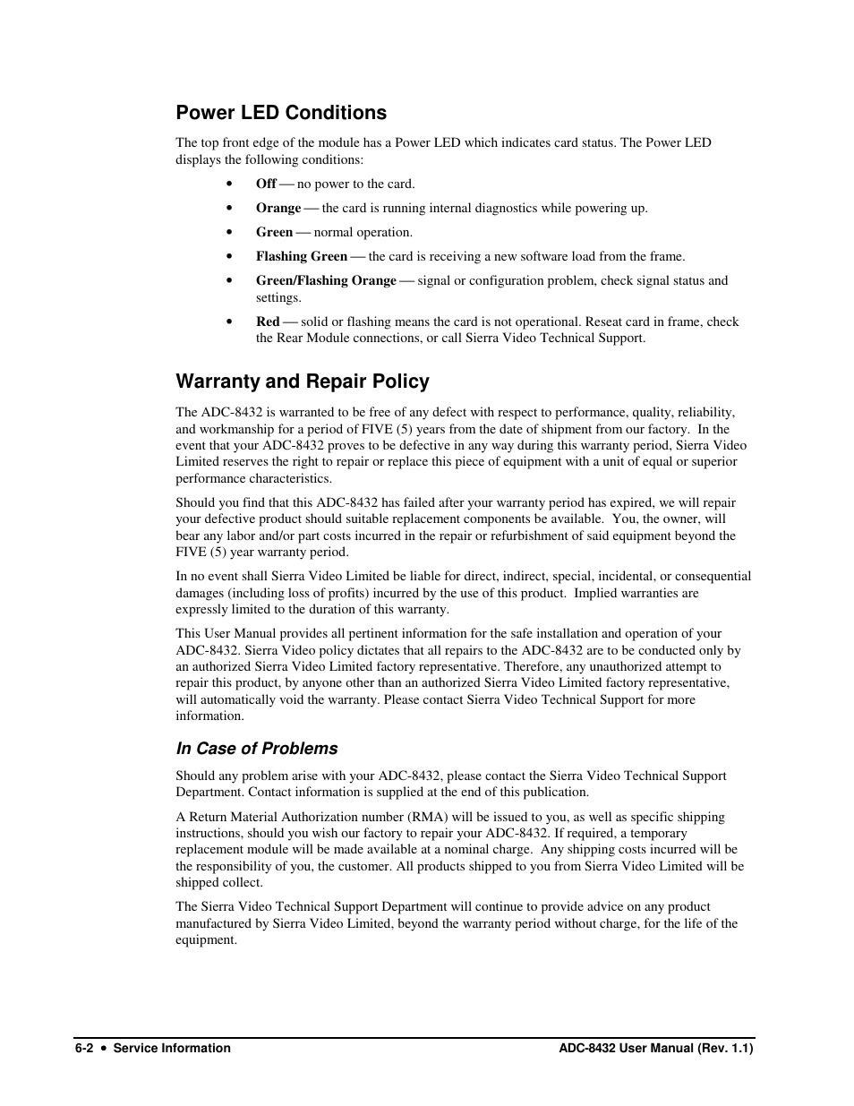 Power led conditions, Warranty and repair policy | Sierra Video ADC-8432 User Manual | Page 30 / 33