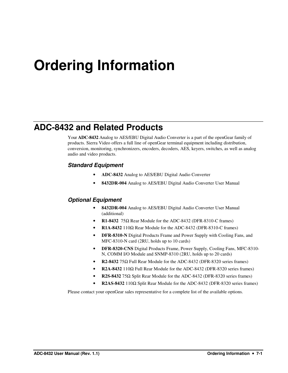 Ordering information, Adc-8432 and related products | Sierra Video ADC-8432 User Manual | Page 31 / 33
