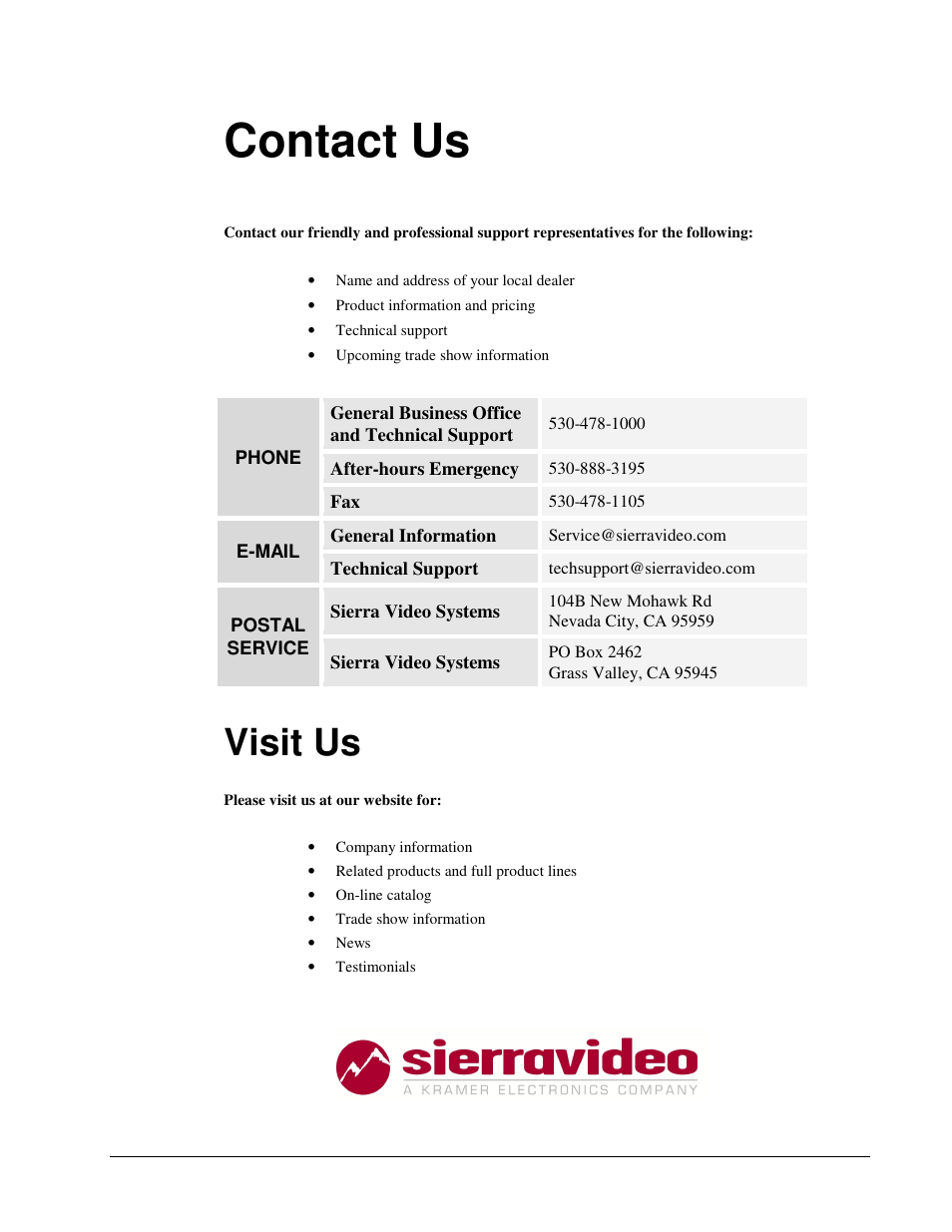 Contact us, Visit us | Sierra Video ADC-8432 User Manual | Page 33 / 33