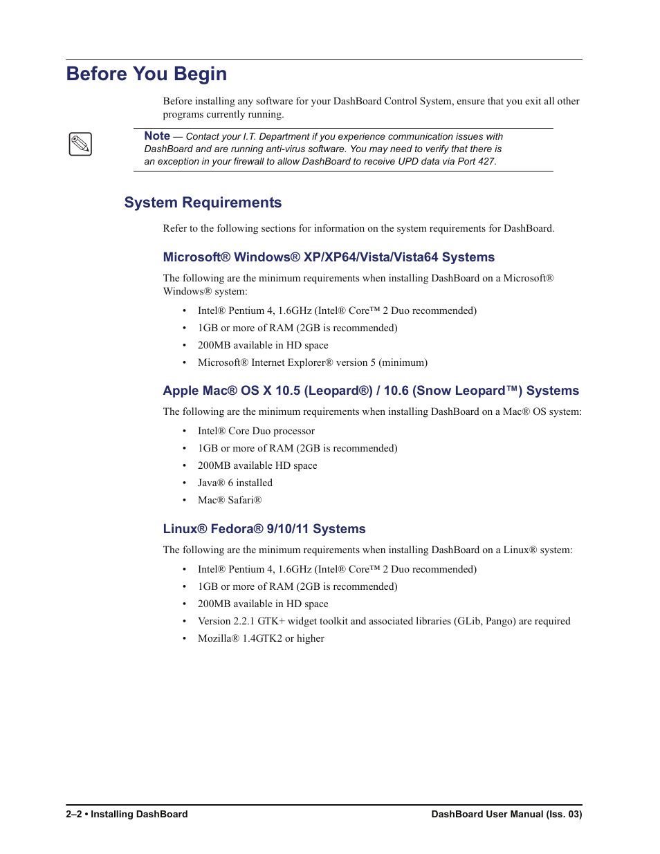 Before you begin, System requirements, Microsoft® windows® xp/xp64/vista/vista64 systems | Linux® fedora® 9/10/11 systems, Before you begin -2, System requirements -2 | Sierra Video DashBoard Control System User Manual | Page 12 / 56