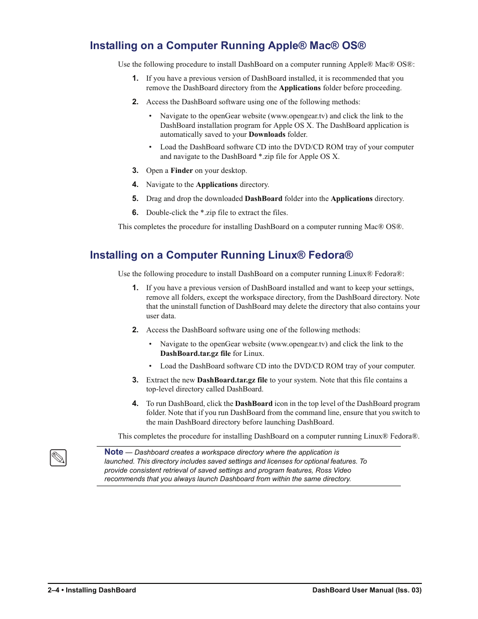 Installing on a computer running apple® mac® os, Installing on a computer running linux® fedora | Sierra Video DashBoard Control System User Manual | Page 14 / 56