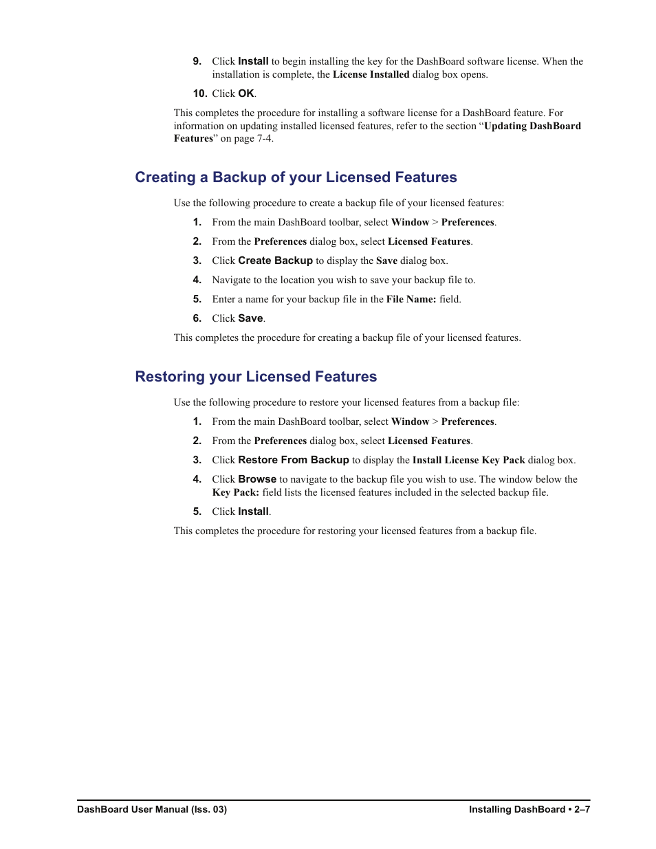 Creating a backup of your licensed features, Restoring your licensed features | Sierra Video DashBoard Control System User Manual | Page 17 / 56