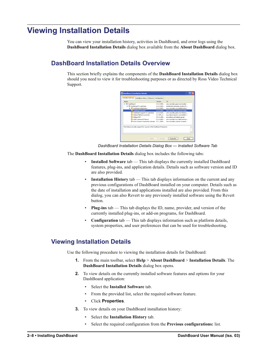 Viewing installation details, Dashboard installation details overview, Viewing installation details -8 | Sierra Video DashBoard Control System User Manual | Page 18 / 56