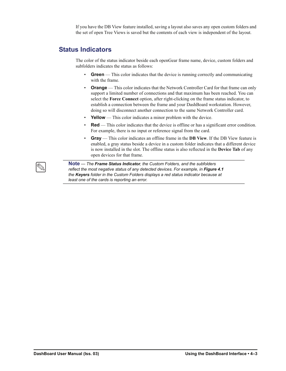 Status indicators, Status indicators -3 | Sierra Video DashBoard Control System User Manual | Page 27 / 56