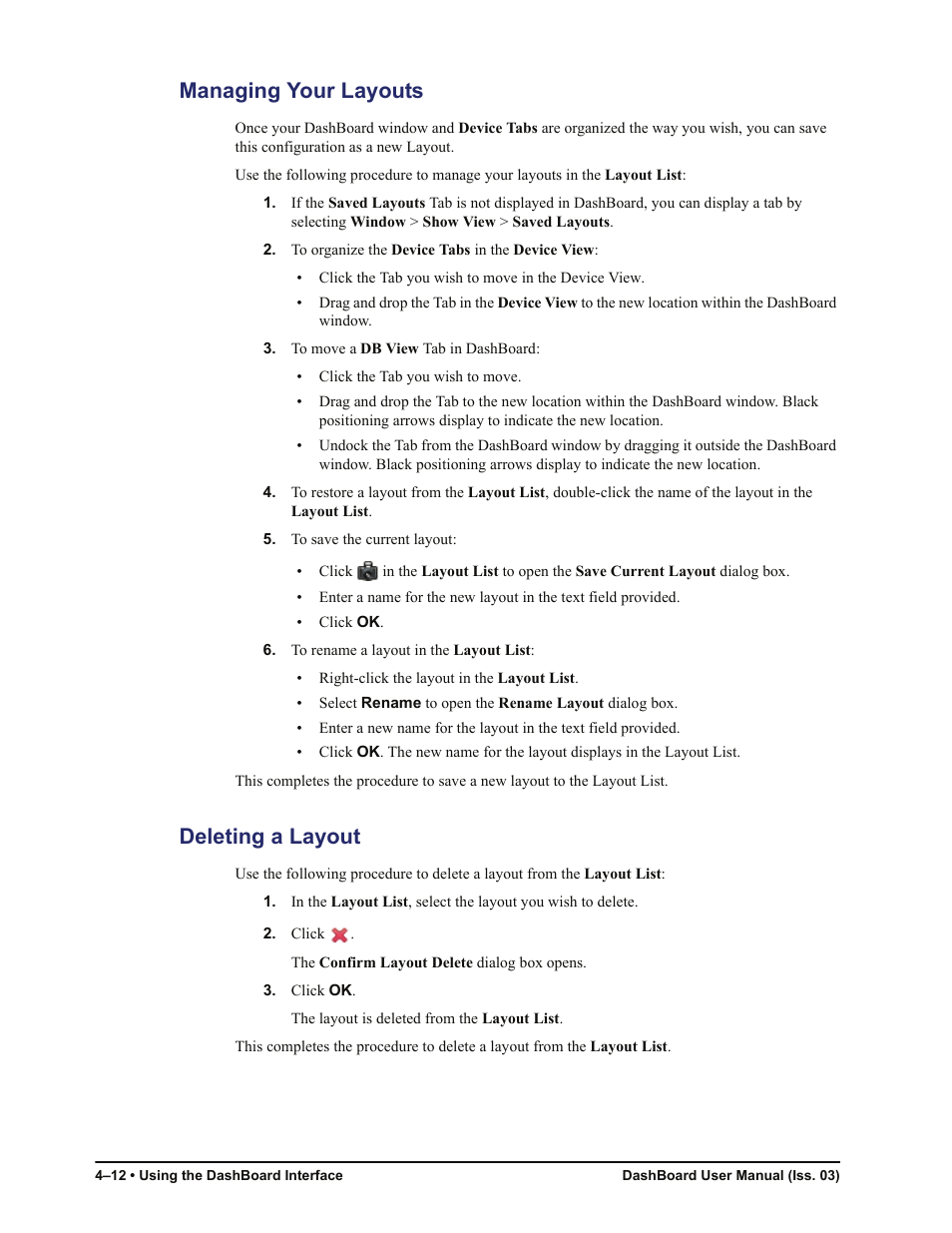 Managing your layouts, Deleting a layout, Managing your layouts -12 deleting a layout -12 | Sierra Video DashBoard Control System User Manual | Page 36 / 56