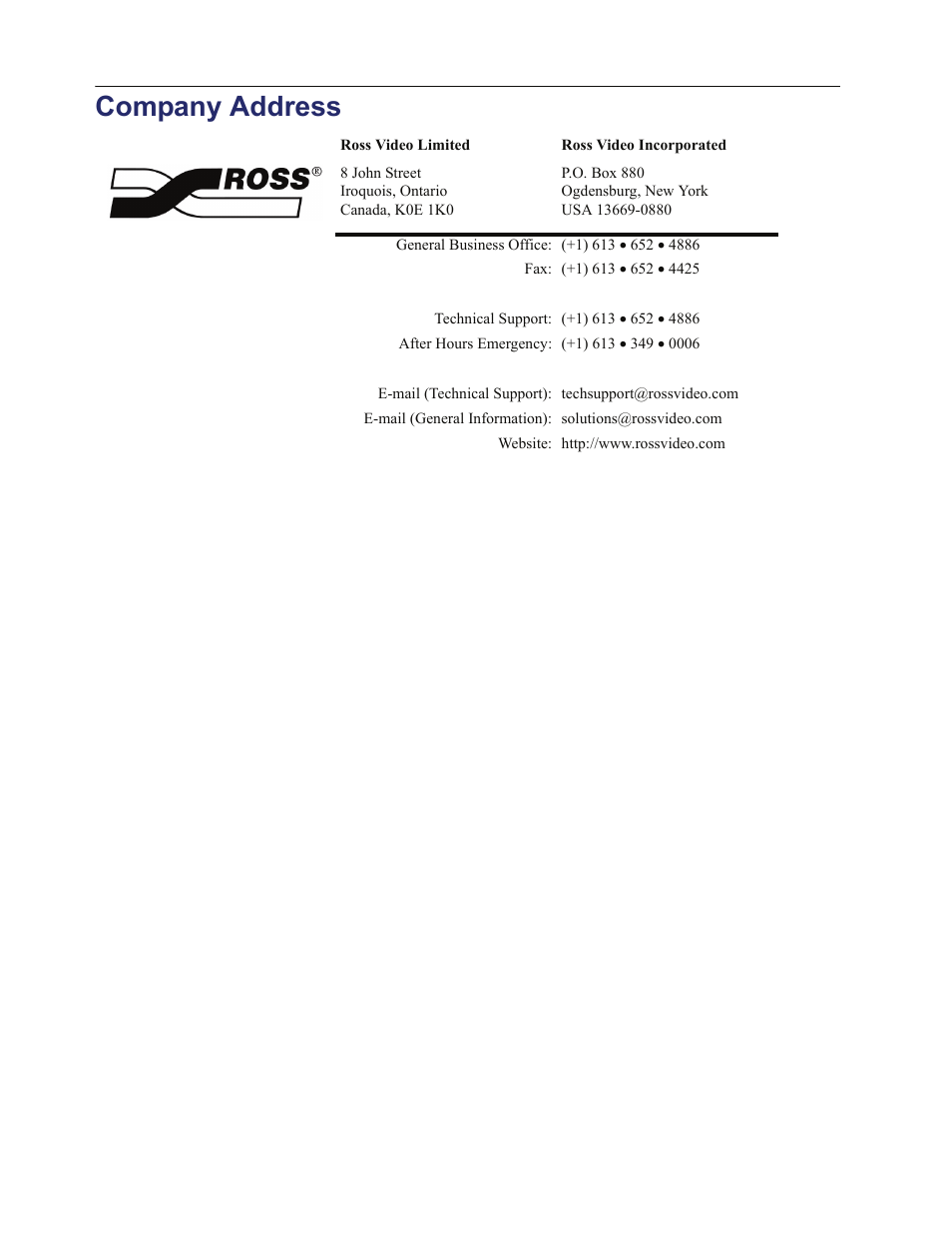 Company address | Sierra Video DashBoard Control System User Manual | Page 4 / 56