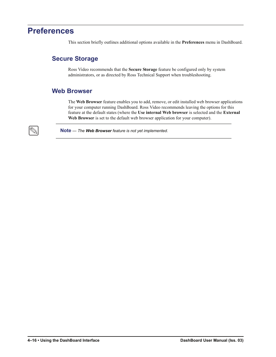 Preferences, Secure storage, Web browser | Preferences -16, Secure storage -16 web browser -16 | Sierra Video DashBoard Control System User Manual | Page 40 / 56