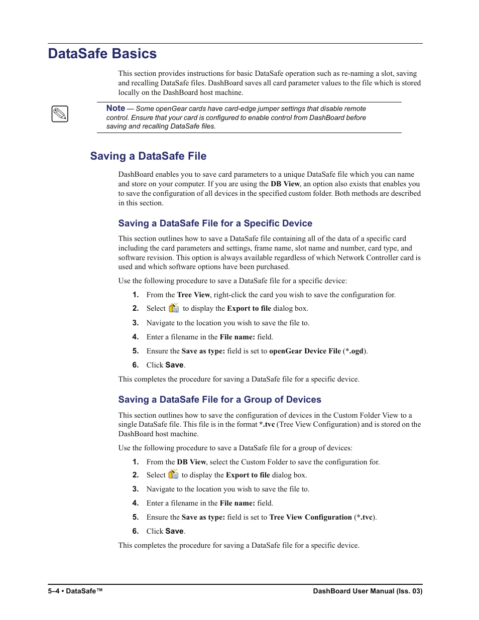 Datasafe basics, Saving a datasafe file, Saving a datasafe file for a specific device | Saving a datasafe file for a group of devices, Datasafe basics -4, Saving a datasafe file -4 | Sierra Video DashBoard Control System User Manual | Page 44 / 56