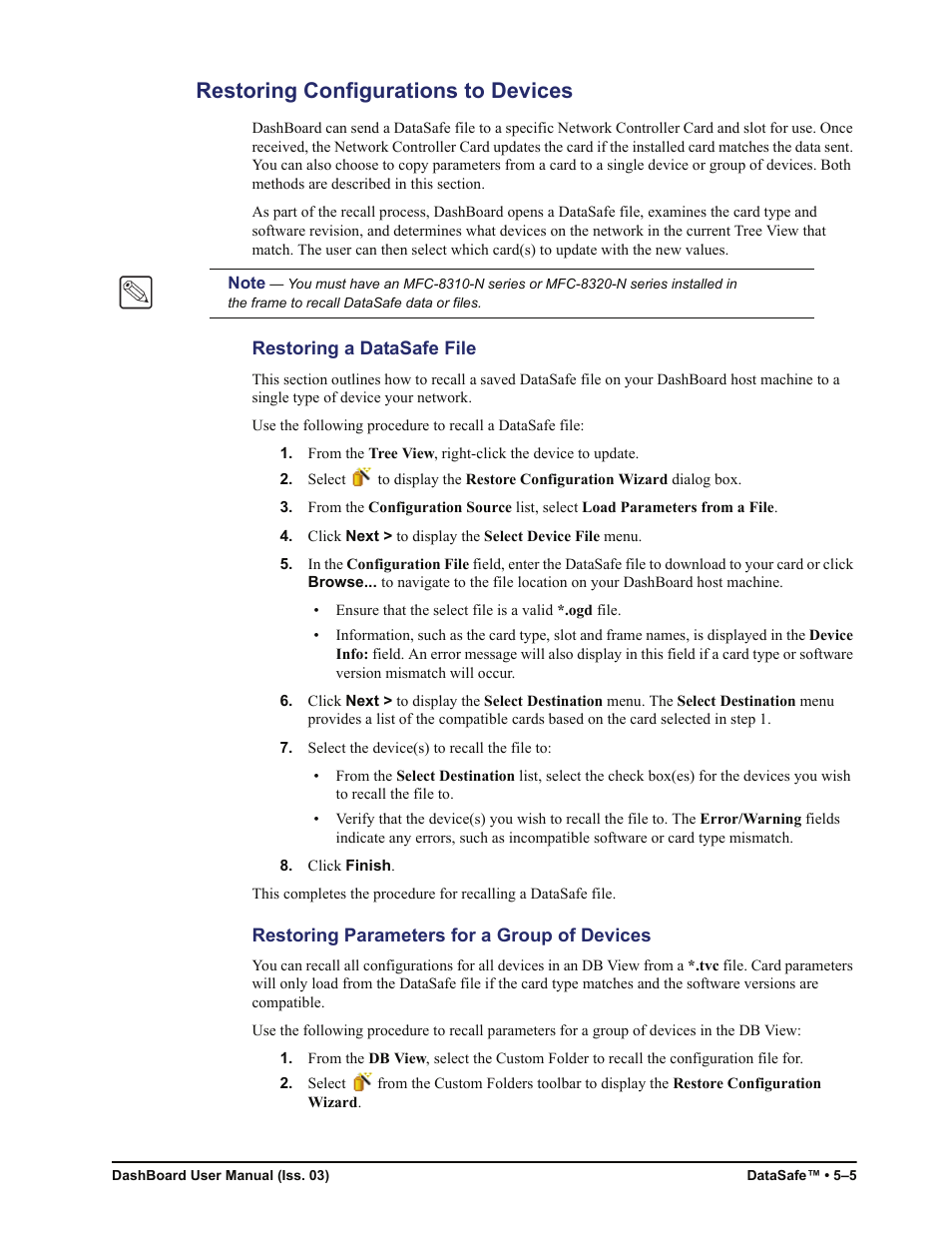 Restoring configurations to devices, Restoring a datasafe file, Restoring parameters for a group of devices | Restoring configurations to devices -5 | Sierra Video DashBoard Control System User Manual | Page 45 / 56