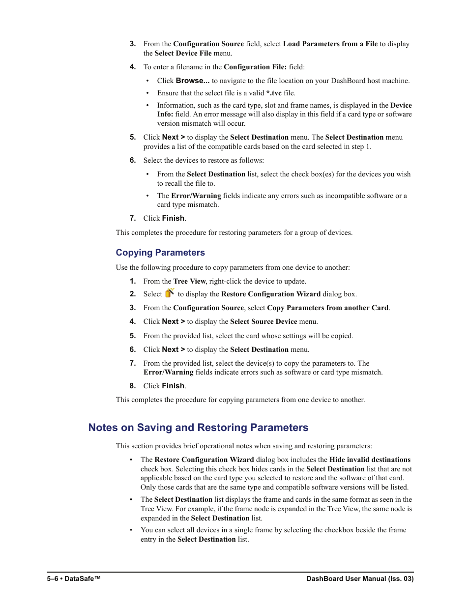 Copying parameters, Notes on saving and restoring parameters, Notes on saving and restoring parameters -6 | Sierra Video DashBoard Control System User Manual | Page 46 / 56