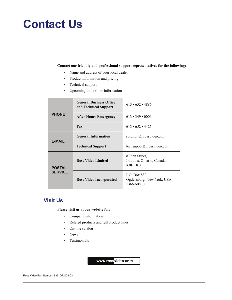 Contact us, Visit us | Sierra Video DashBoard Control System User Manual | Page 56 / 56