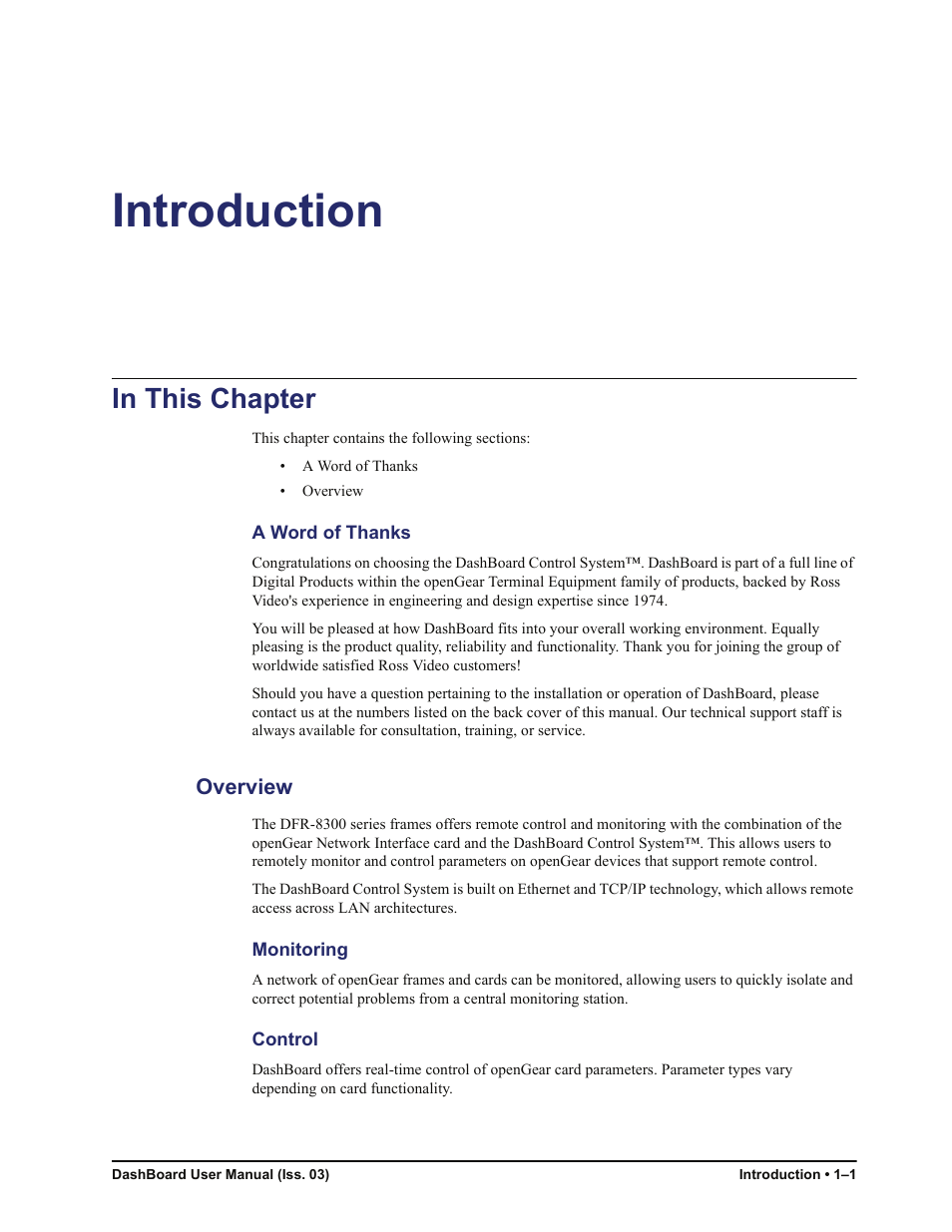 Introduction, A word of thanks, Overview | Monitoring, Control, Overview -1 | Sierra Video DashBoard Control System User Manual | Page 7 / 56