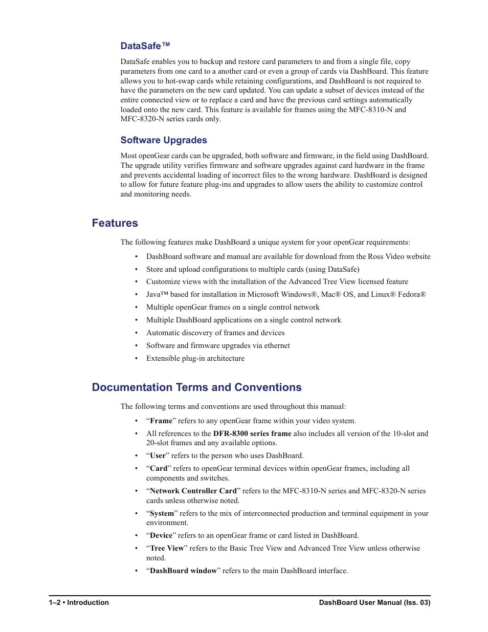 Datasafe, Software upgrades, Features | Documentation terms and conventions, Features -2 documentation terms and conventions -2 | Sierra Video DashBoard Control System User Manual | Page 8 / 56
