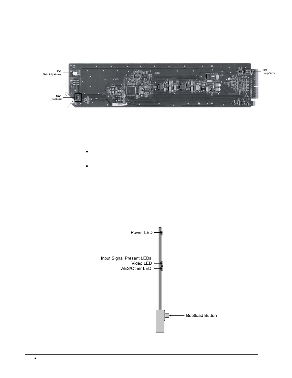 Jumper locations, Jp1 — local termination jumper, Rv2 — gain adjustment | Leds | Sierra Video UDA-8705A User Manual | Page 18 / 35