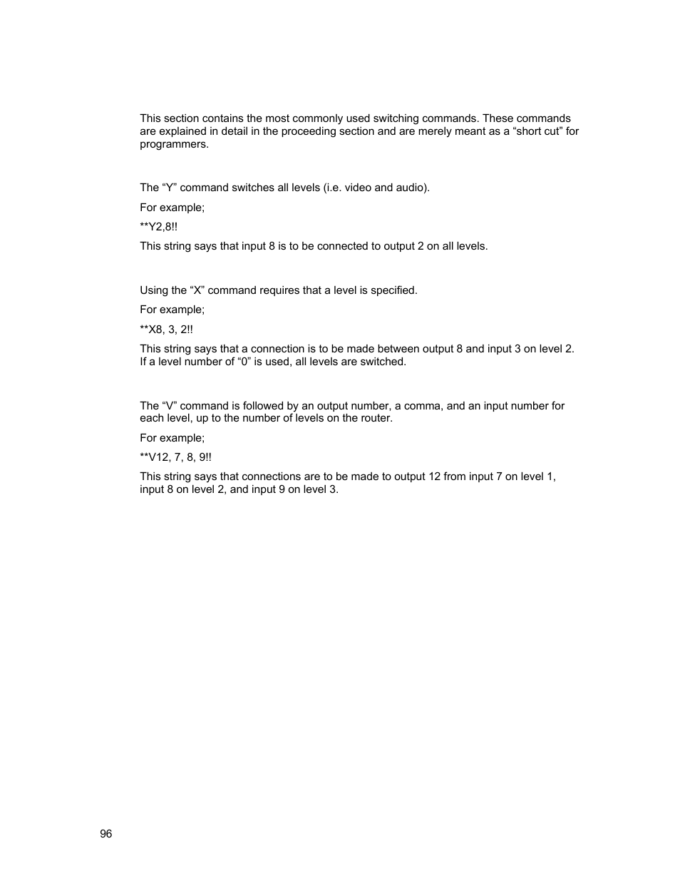 Commonly used switching commands, Y” command- all levels, X” command- specify levels | V” command- connect levels | Sierra Video Ponderosa 3G Series Routing Switcher User Manual | Page 102 / 104