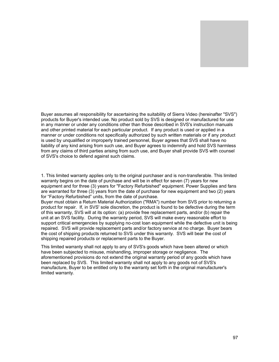 Warranty | Sierra Video Ponderosa 3G Series Routing Switcher User Manual | Page 103 / 104