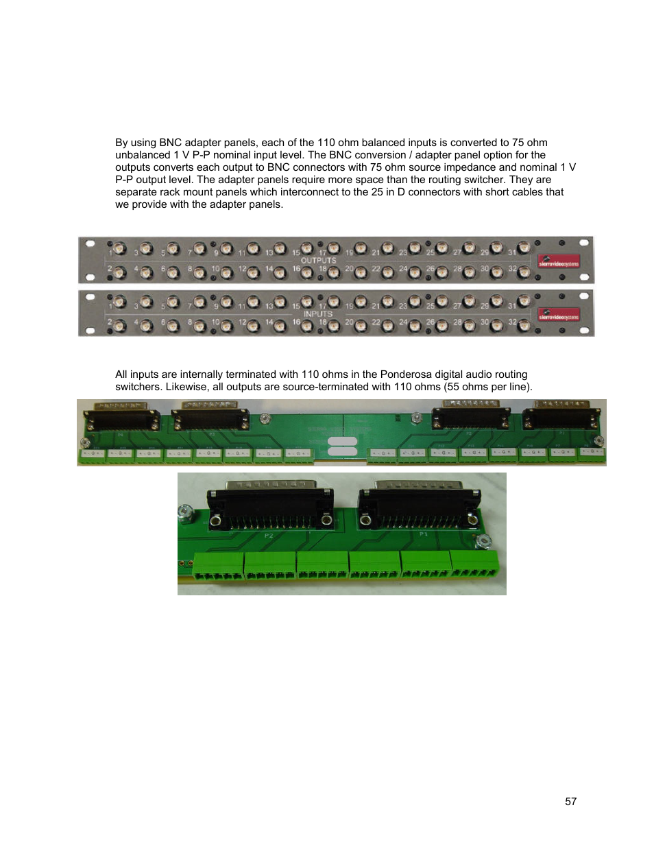 Digital audio output accessories, 75 ohm unbalanced digital audio, 110 ohm balanced digital audio | Sierra Video Ponderosa 3G Series Routing Switcher User Manual | Page 63 / 104