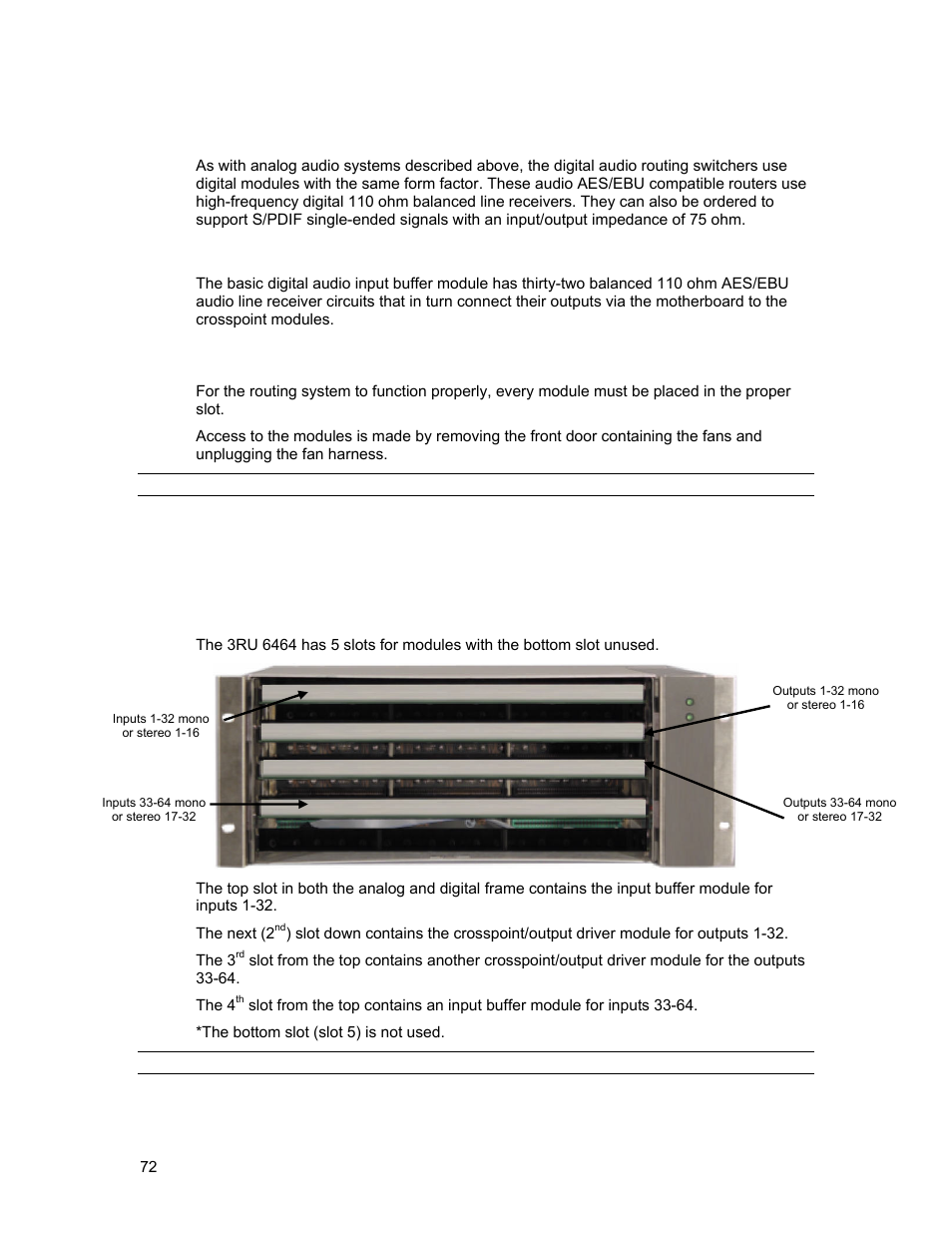 Digital audio, Module layout, Input buffers | 6464 frame analog mono and digital | Sierra Video Ponderosa 3G Series Routing Switcher User Manual | Page 78 / 104