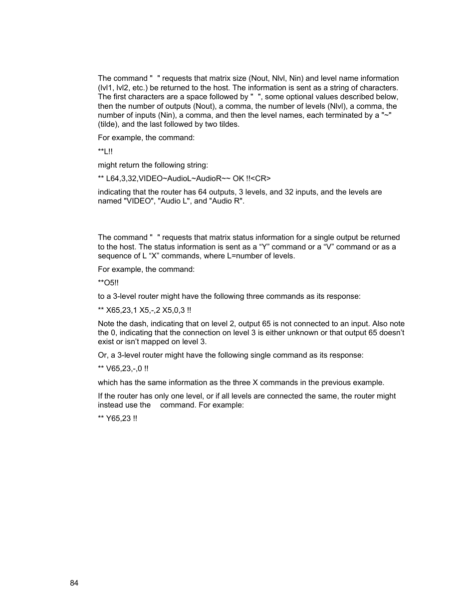 L”: matrix size and level names inquiry, O”: output status inquiry | Sierra Video Ponderosa 3G Series Routing Switcher User Manual | Page 90 / 104