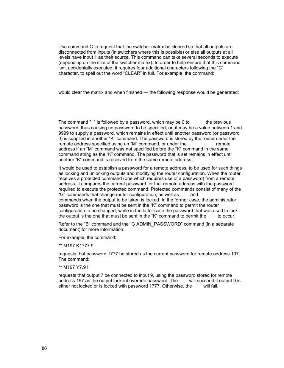 C”: clear matrix, K”: set password | Sierra Video Ponderosa 3G Series Routing Switcher User Manual | Page 92 / 104