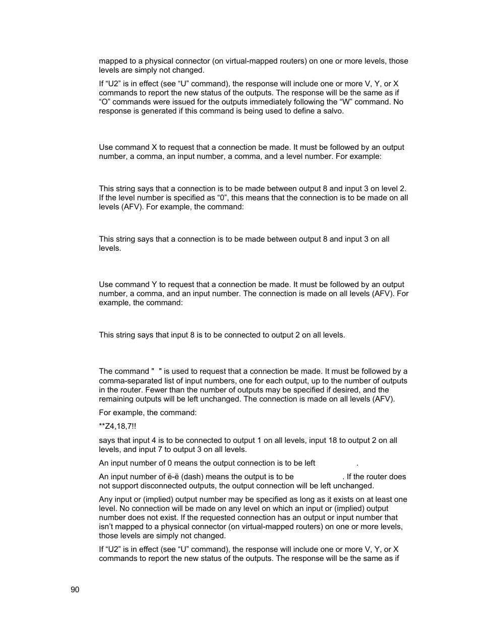 X”: connect crosspoint, Y”: connect afv, Z”: connect afv | Sierra Video Ponderosa 3G Series Routing Switcher User Manual | Page 96 / 104