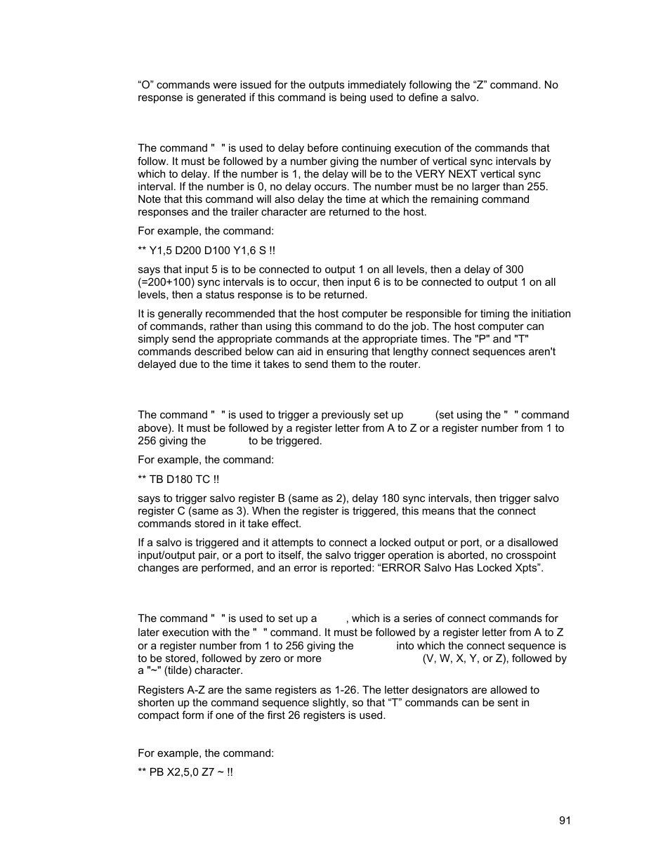 D”: delay vertical sync intervals, T”: trigger a salvo, P”: preset a salvo | Sierra Video Ponderosa 3G Series Routing Switcher User Manual | Page 97 / 104