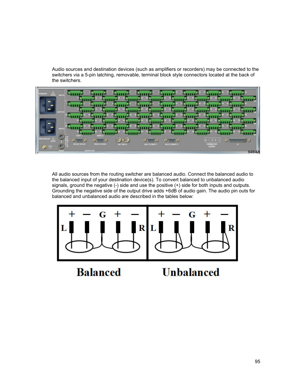 Connecting to audio devices, Mono analog audio, Balanced/unbalanced analog audio connections | Sierra Video Ponderosa 3G Series Routing Switcher Family with MediaNav User Manual | Page 101 / 128