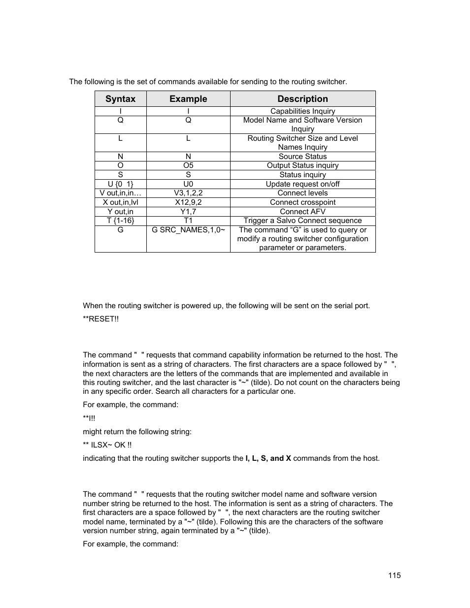 Command summary, Reset”: routing switcher reset, I”: capabilities inquiry | Q”: model name and software version inquiry | Sierra Video Ponderosa 3G Series Routing Switcher Family with MediaNav User Manual | Page 121 / 128