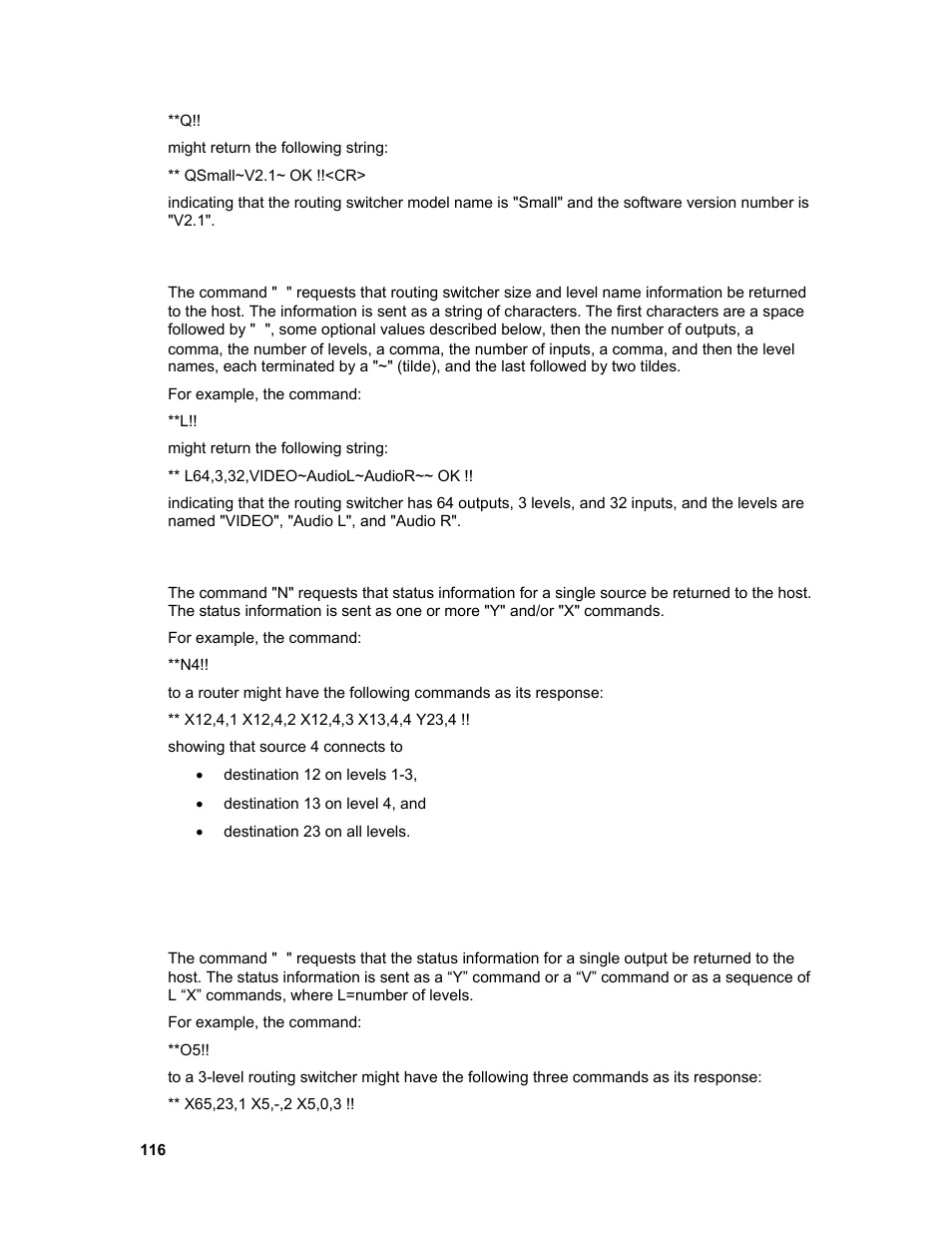 L”: routing switcher size and level names inquiry, N”: source status inquiry, O”: output status inquiry | Sierra Video Ponderosa 3G Series Routing Switcher Family with MediaNav User Manual | Page 122 / 128
