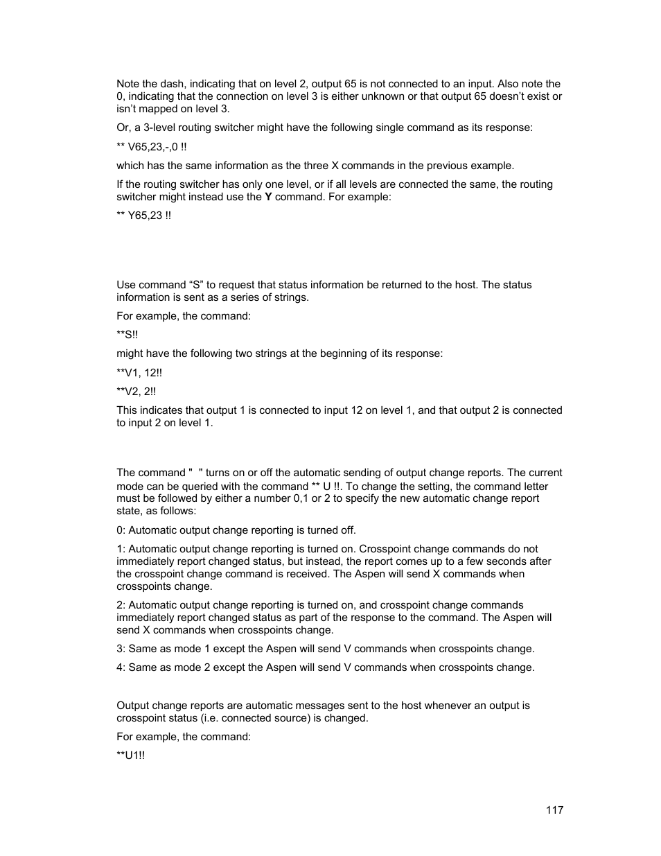 S”: status inquiry, U”: update request on/off | Sierra Video Ponderosa 3G Series Routing Switcher Family with MediaNav User Manual | Page 123 / 128