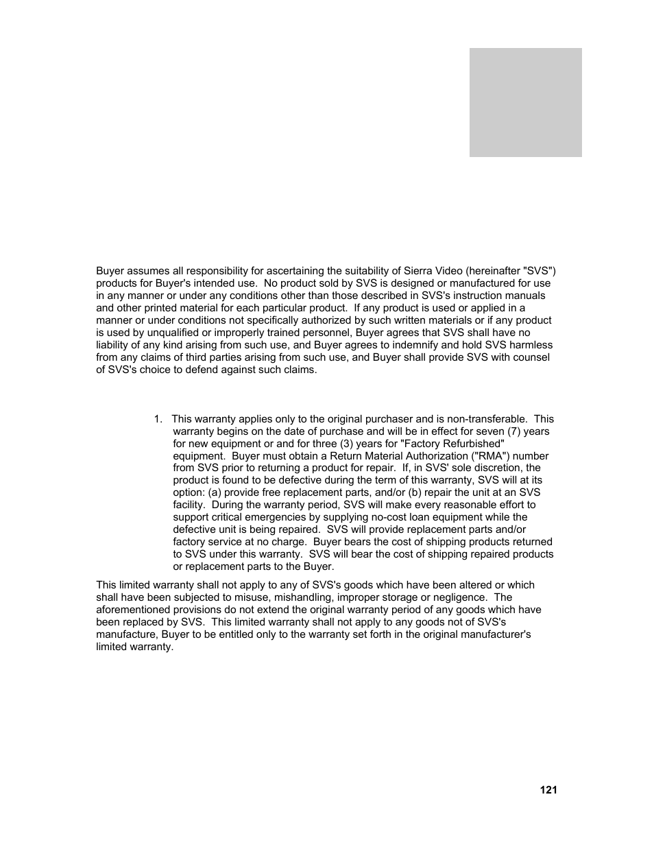 Warranty | Sierra Video Ponderosa 3G Series Routing Switcher Family with MediaNav User Manual | Page 127 / 128