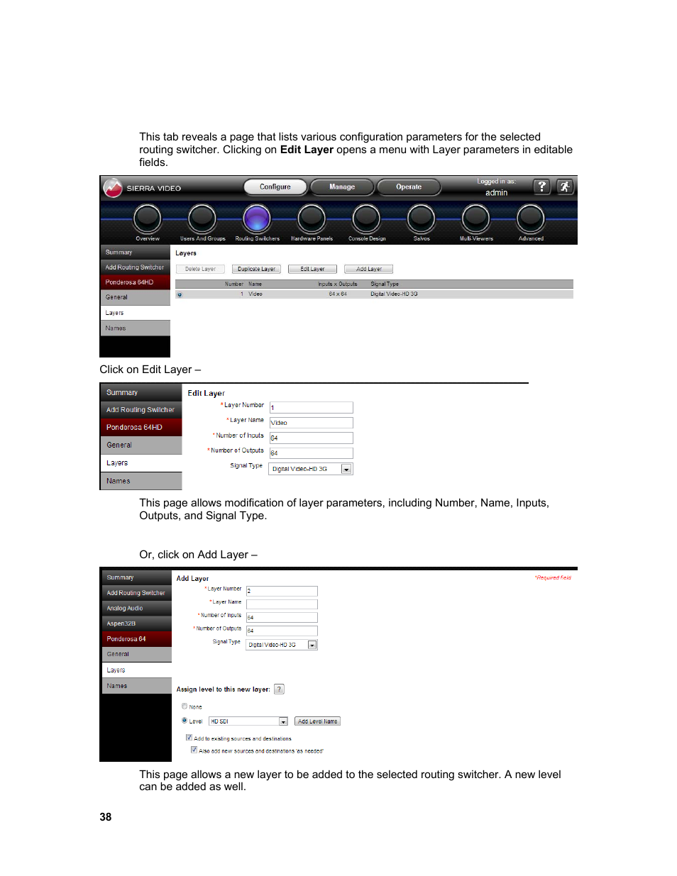 Layers | Sierra Video Ponderosa 3G Series Routing Switcher Family with MediaNav User Manual | Page 44 / 128
