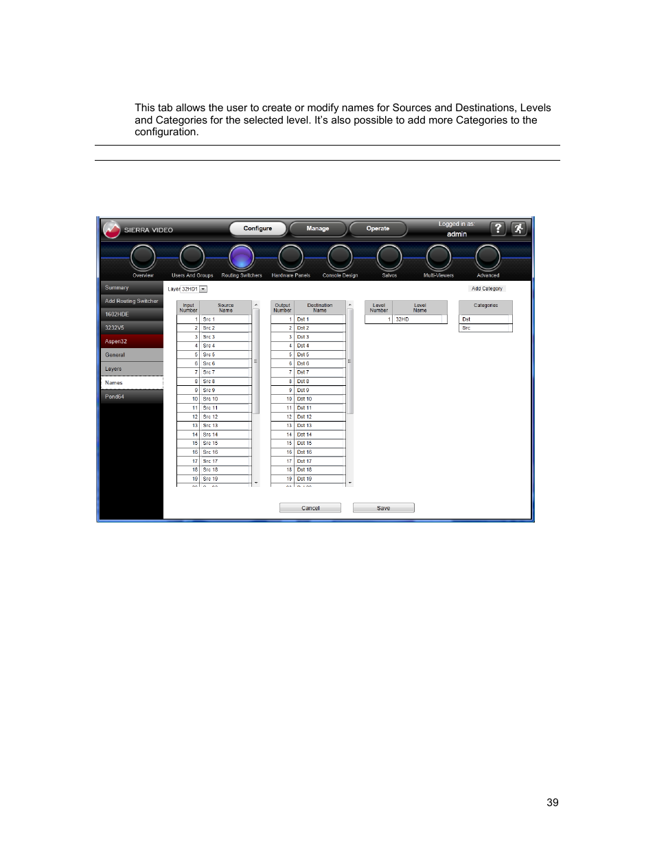 Names | Sierra Video Ponderosa 3G Series Routing Switcher Family with MediaNav User Manual | Page 45 / 128