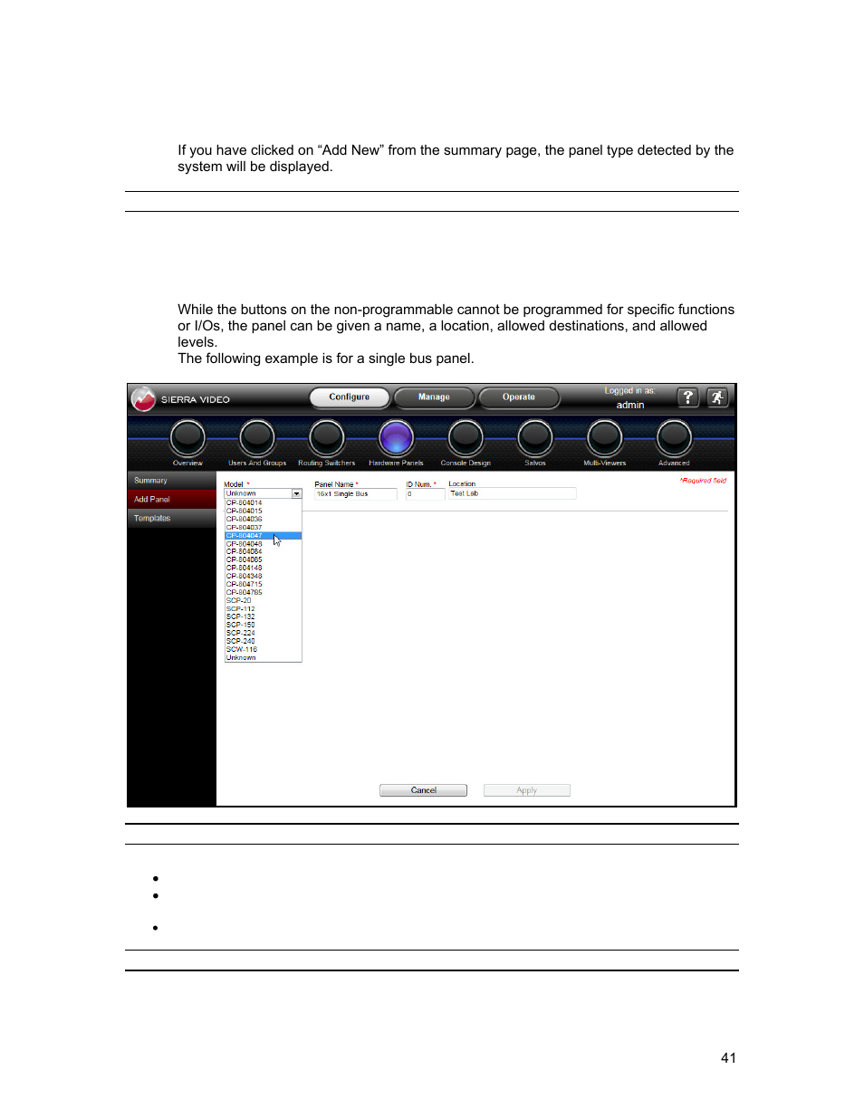 Add panel, Non-programmable panels | Sierra Video Ponderosa 3G Series Routing Switcher Family with MediaNav User Manual | Page 47 / 128