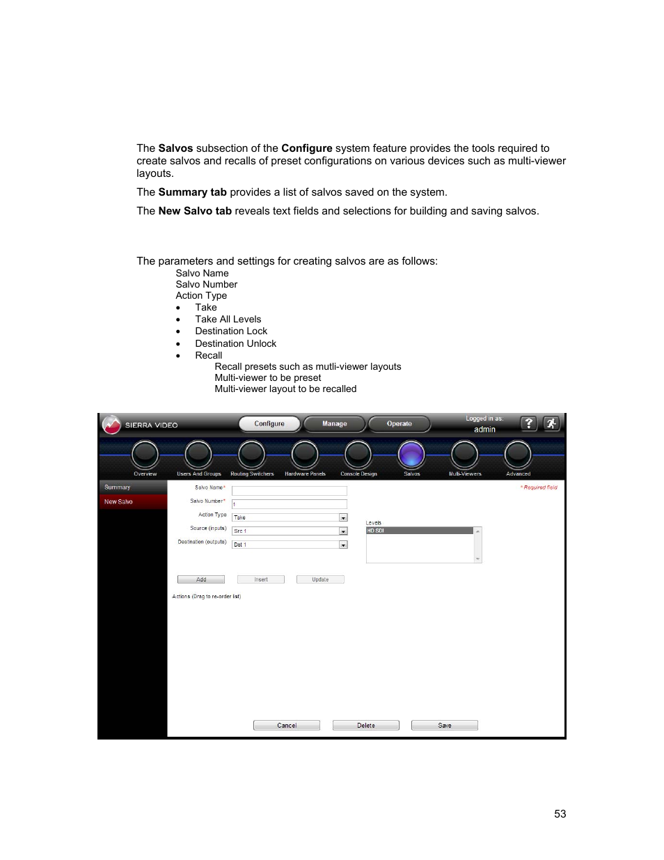 Salvos, New salvo | Sierra Video Ponderosa 3G Series Routing Switcher Family with MediaNav User Manual | Page 59 / 128