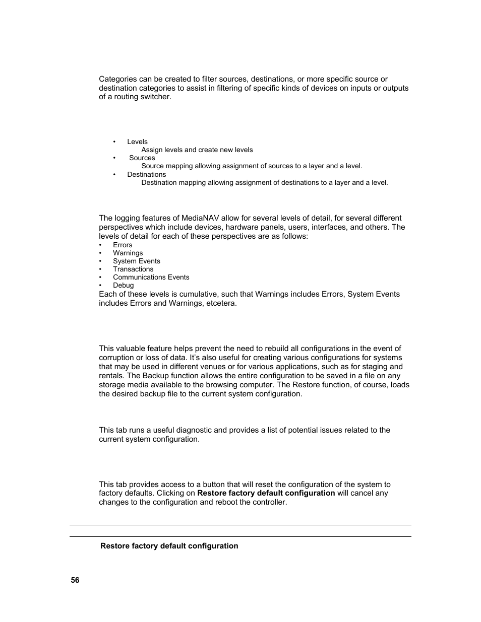 Categories, Router mapping, Logging | Backup and restore tab, Analyze config, Factory defaults | Sierra Video Ponderosa 3G Series Routing Switcher Family with MediaNav User Manual | Page 62 / 128