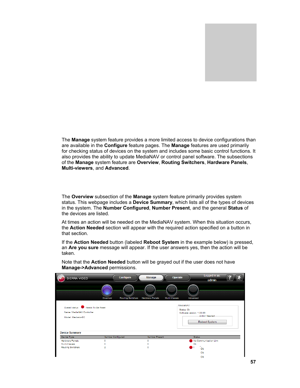 Manage | Sierra Video Ponderosa 3G Series Routing Switcher Family with MediaNav User Manual | Page 63 / 128