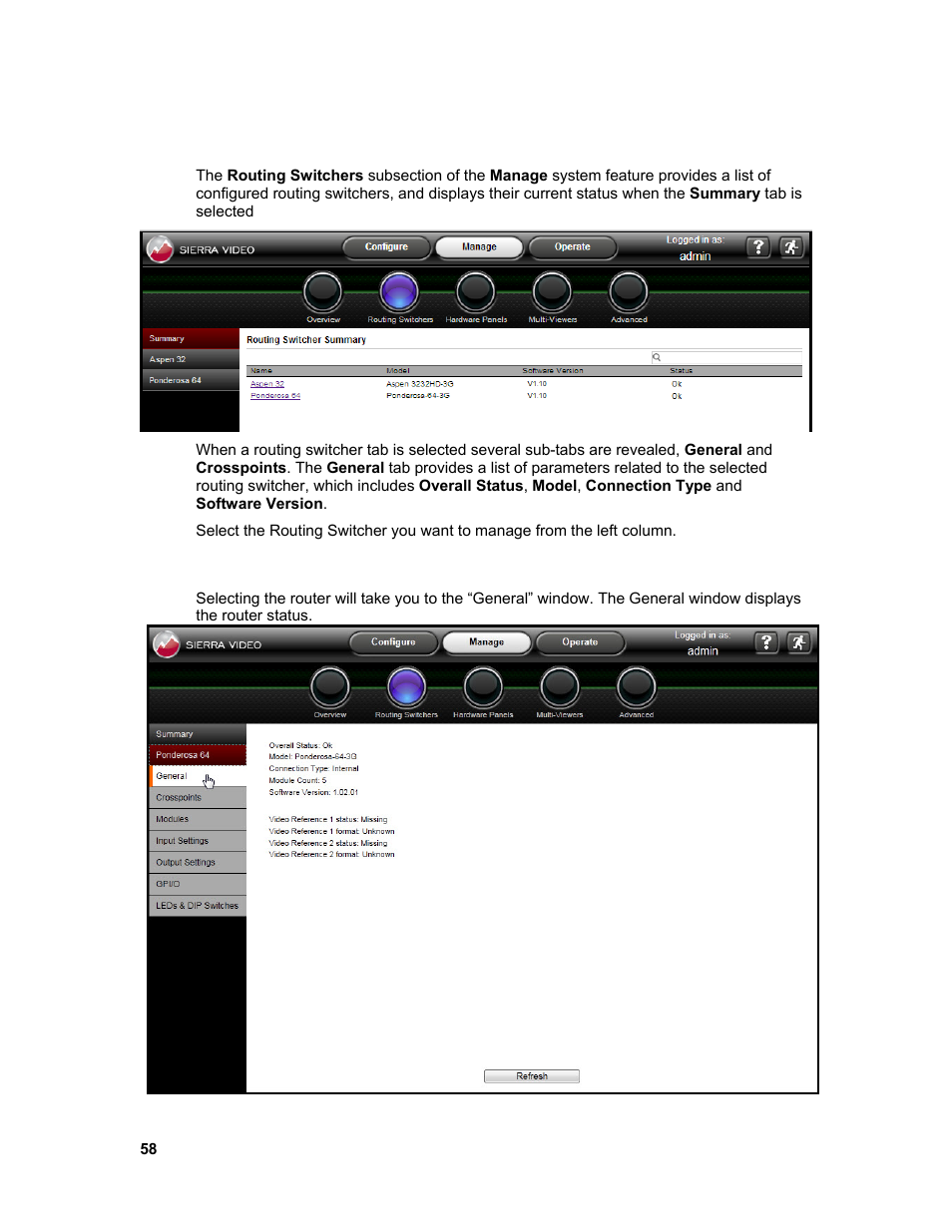 Routing switchers | Sierra Video Ponderosa 3G Series Routing Switcher Family with MediaNav User Manual | Page 64 / 128