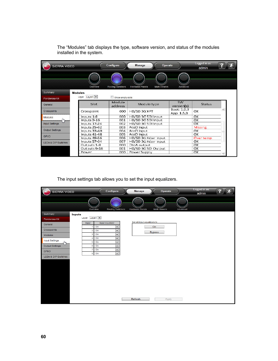 Sierra Video Ponderosa 3G Series Routing Switcher Family with MediaNav User Manual | Page 66 / 128