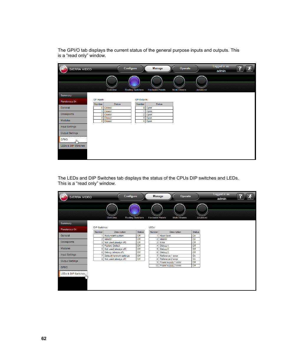 Leds & dip switches | Sierra Video Ponderosa 3G Series Routing Switcher Family with MediaNav User Manual | Page 68 / 128
