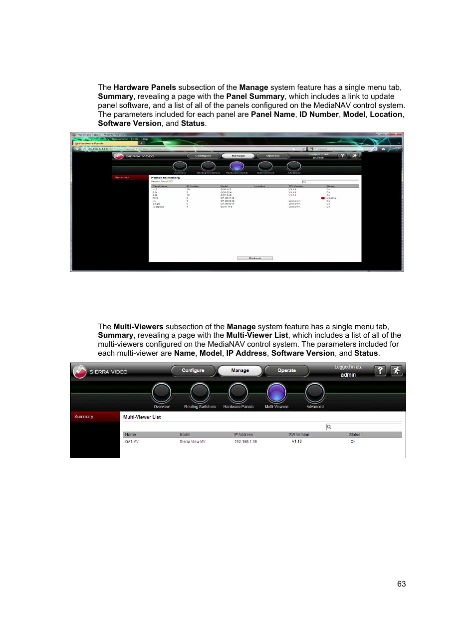 Multi-viewers, Hardware panels | Sierra Video Ponderosa 3G Series Routing Switcher Family with MediaNav User Manual | Page 69 / 128