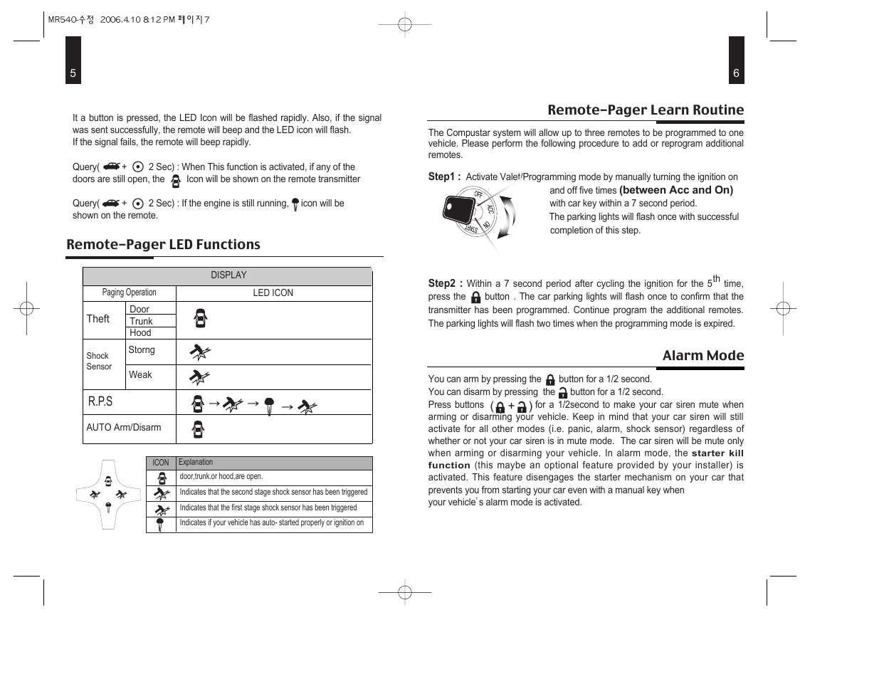 Alarm mode remote-pager learn routine, Remote-pager led functions, R.p.s | CompuSTAR 2WSHR LED User Manual | Page 4 / 8