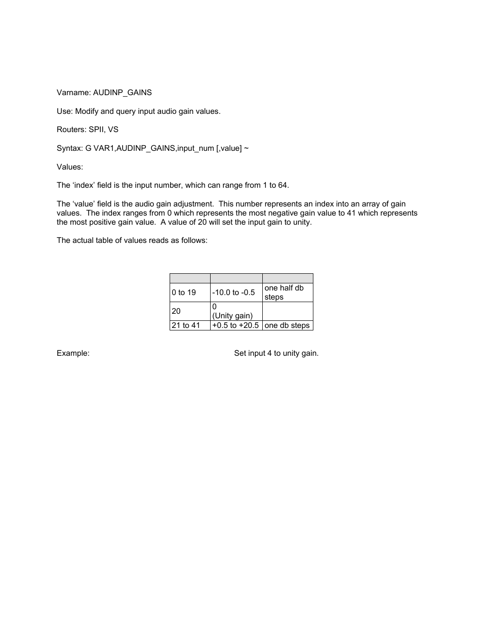 Audinp_gains: audio input gain adjustment | Sierra Video Pro XL Series 8 User Manual | Page 61 / 72