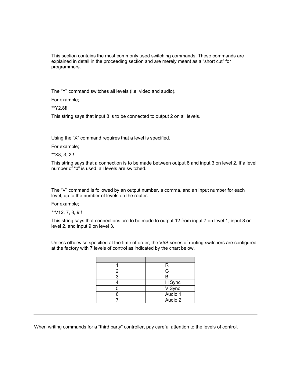 Commonly used switching commands, Y” command- all levels, X” command- specify levels | V” command- connect levels | Sierra Video Pro XL Series 8 User Manual | Page 64 / 72