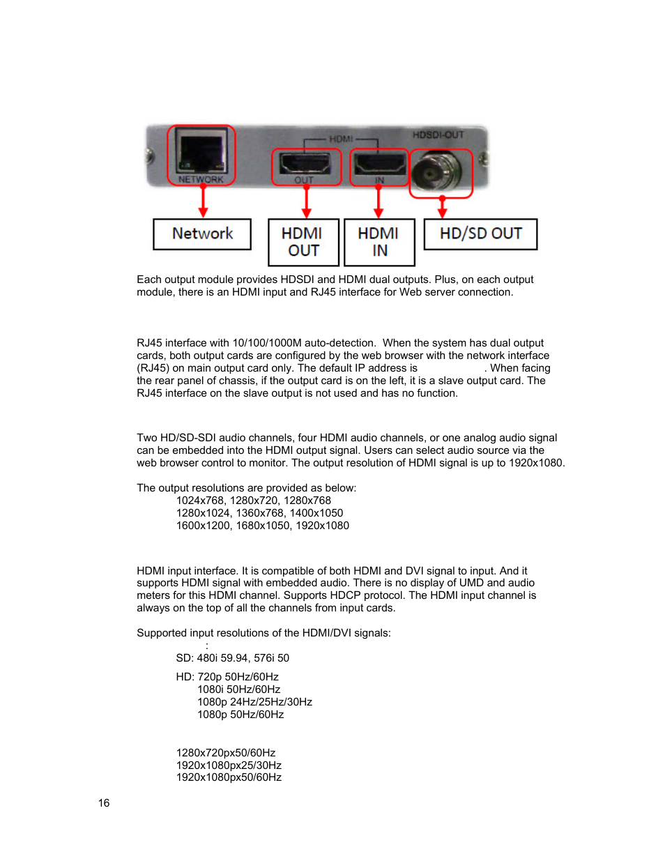 Hdmi/hd/sdi output card, Network, Hdmi out | Hdmi in | Sierra Video SVG Multi-Viewer User Manual | Page 26 / 84