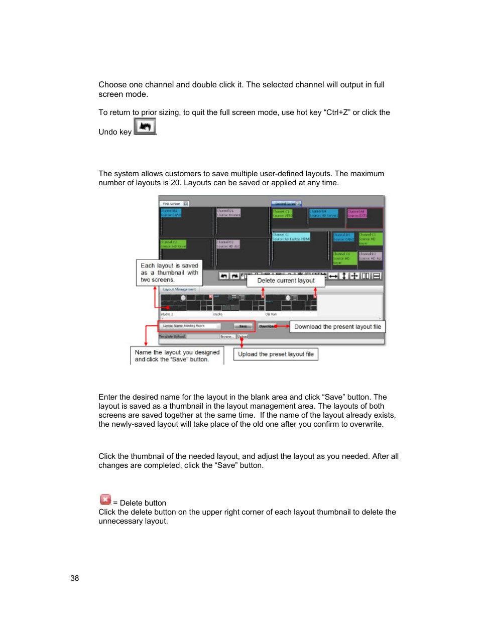Full screen, Layout management, Save layout | Edit layout, Delete layout | Sierra Video SVG Multi-Viewer User Manual | Page 48 / 84